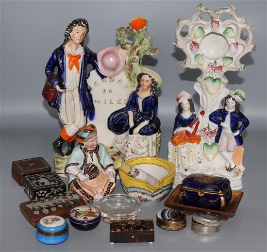 Assorted items: nine small boxes, blue enamel watch, nodding chinaman, yellow pestle and mortar and staff figures